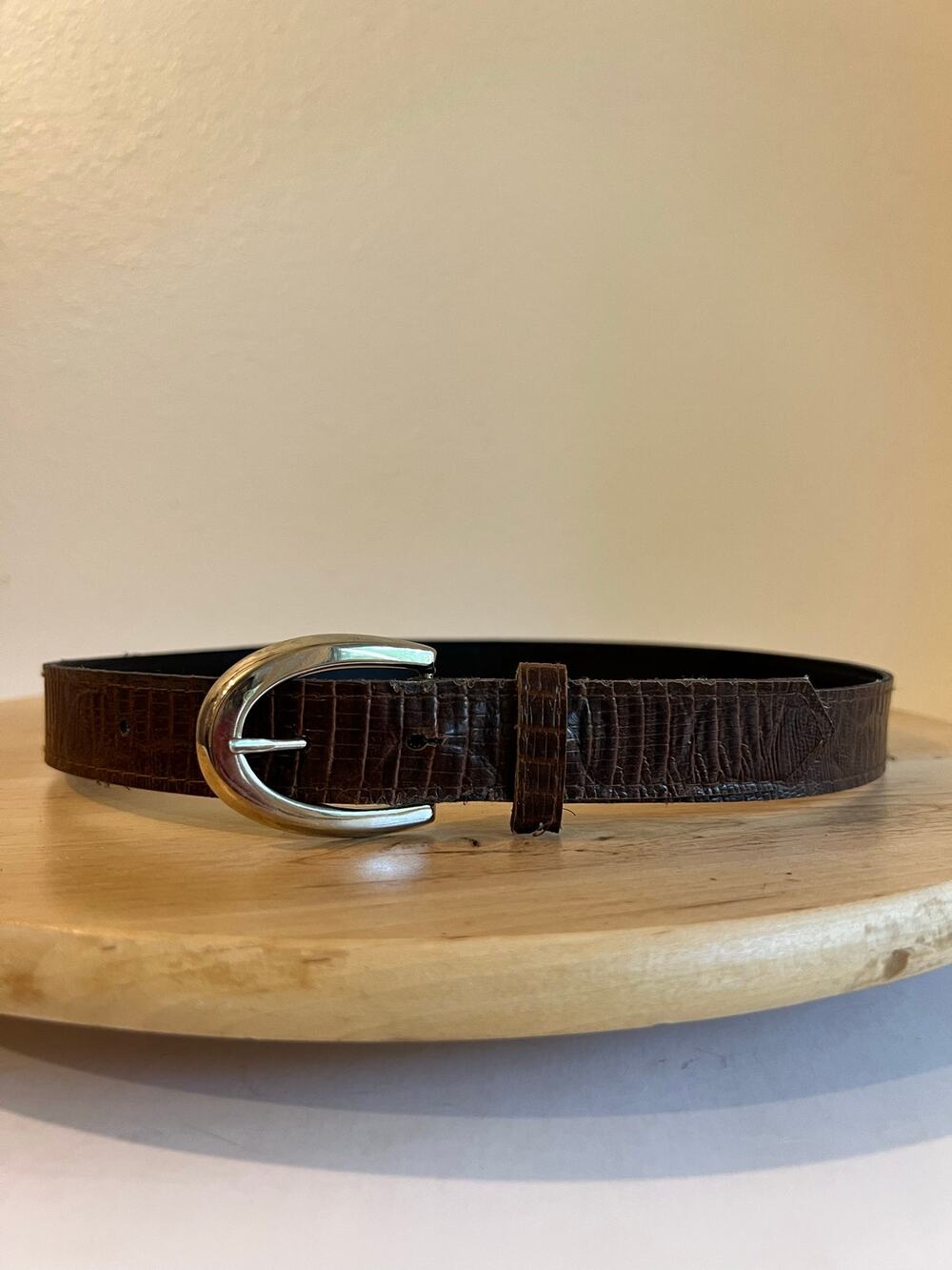 Vintage 90s Brown Vegan Leather Oval Silver Buckle Belt Size XS to Small